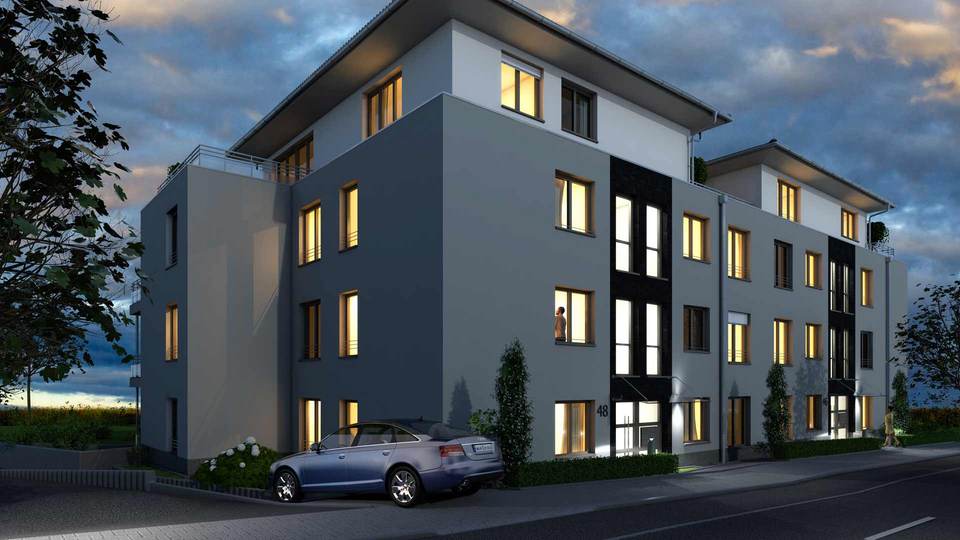 Abendliche Architekturvisualisierung eines Mehrfamilienhauses